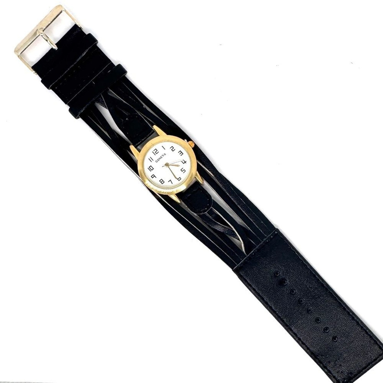 Gold Plated Watch with Black Faux Leather Band #1088