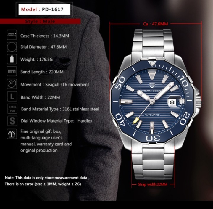 Pagani Design Automatic Mechanical Watch For Men’s Stainless Steel Luxury Date