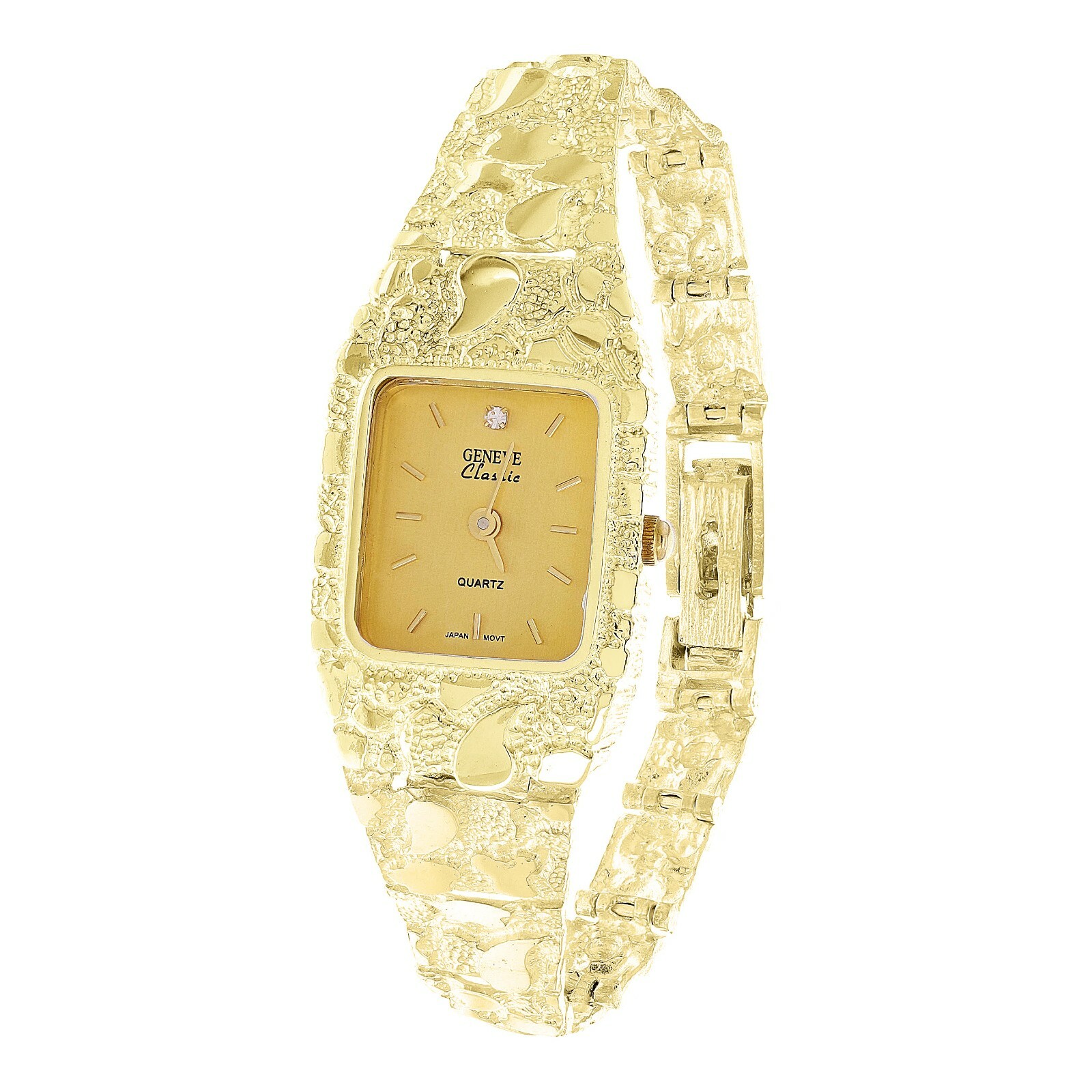 Women’s 14k Yellow Gold Nugget Bracelet Link Wrist Band Geneve Diamond Watch 7″