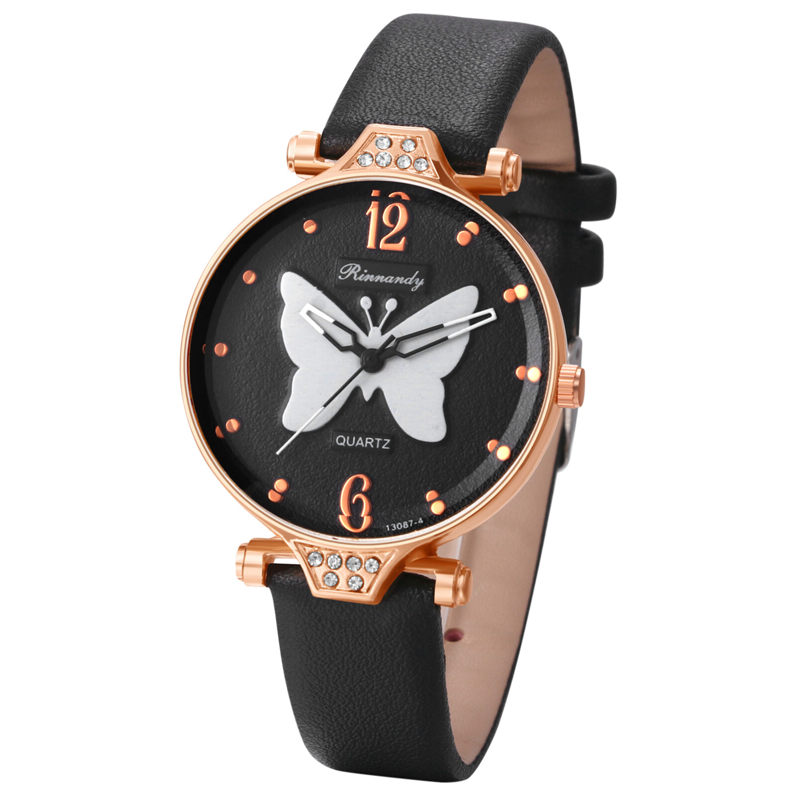 Women Girls Elegant Butterfly Round Watch Leather Band Analog Quartz Dress Watch