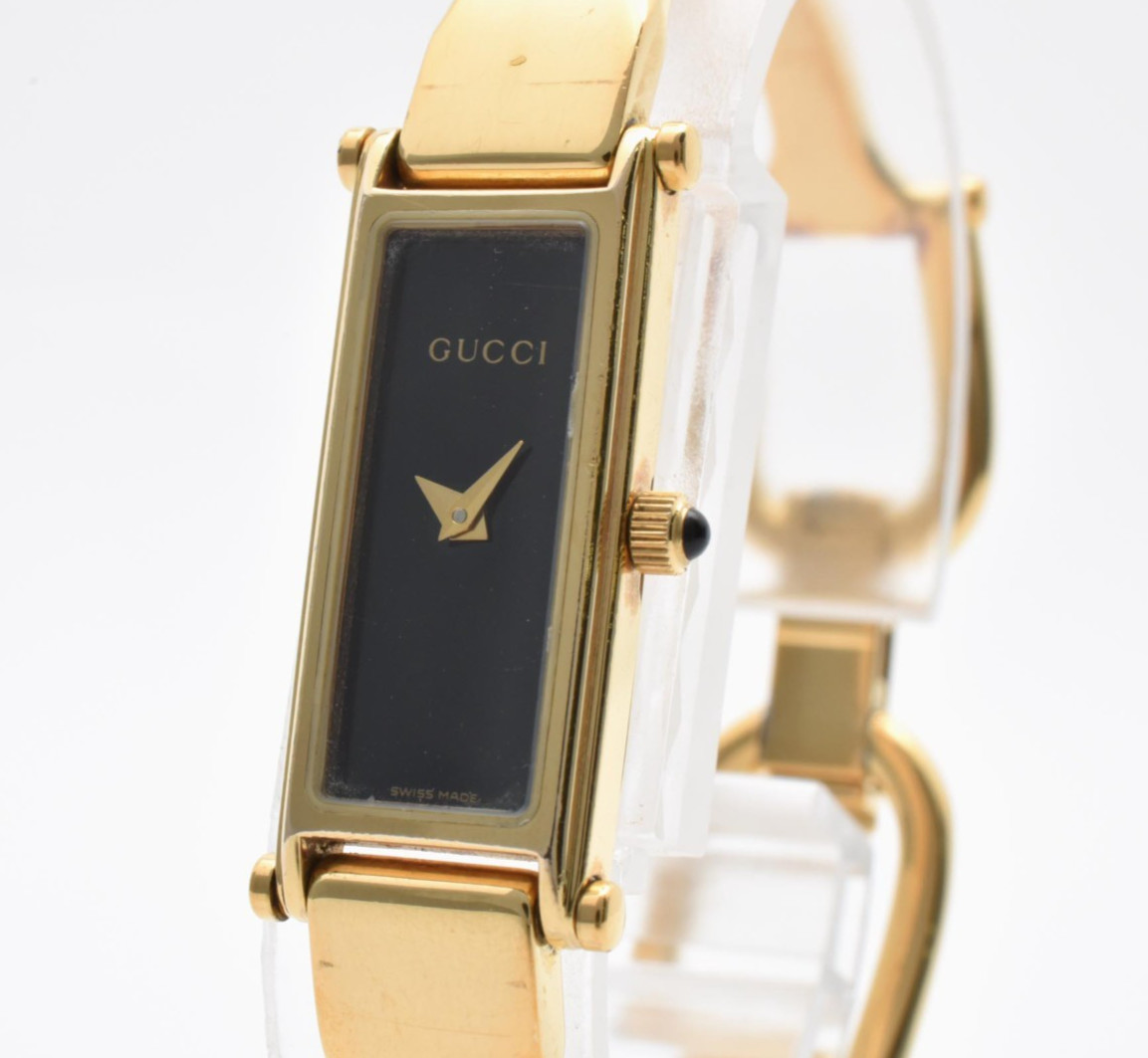 Gucci 1500L Bangle Watch Gold Black Dial Quartz Ladies Vintage 12mm Works #23