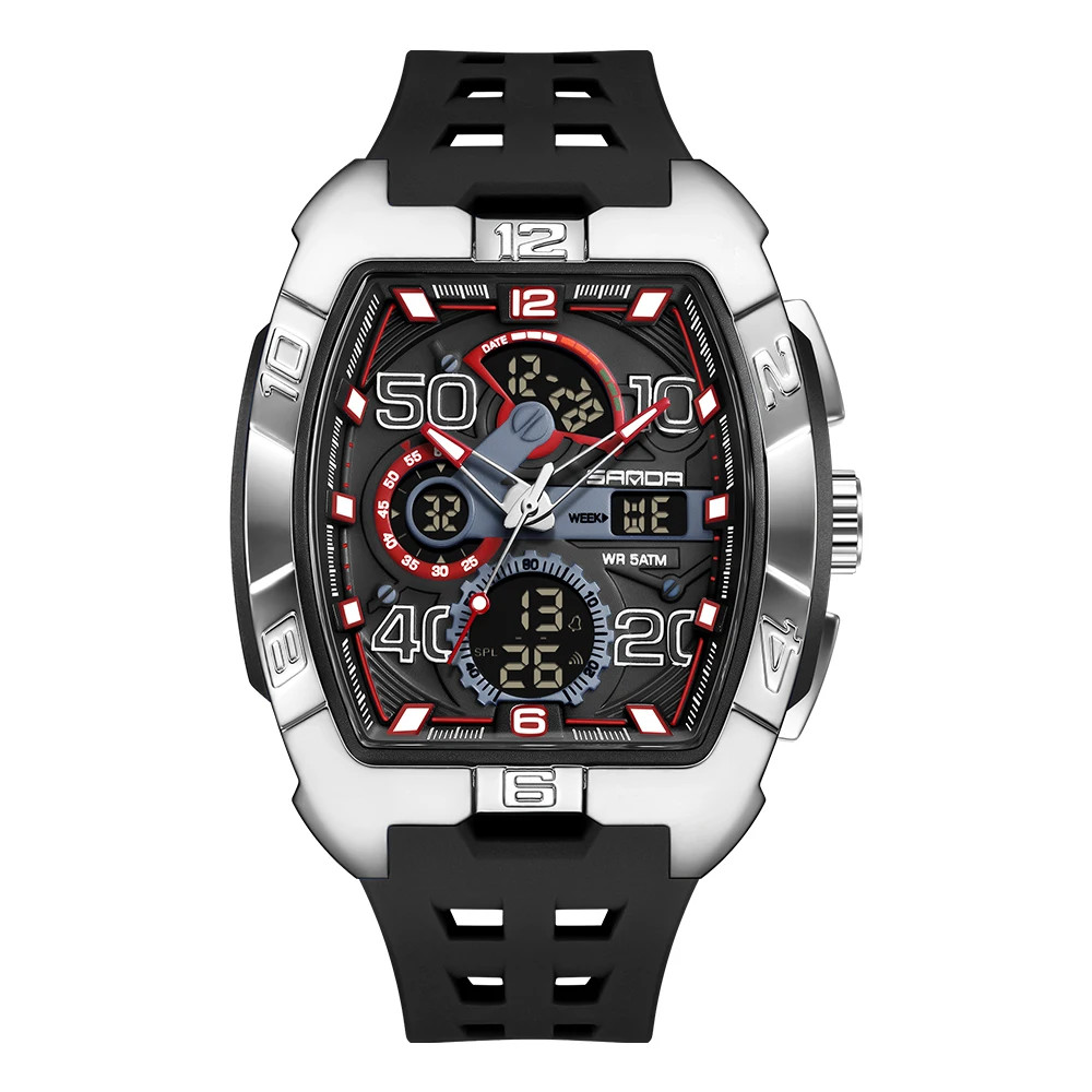 SANDA Fashion Men’S Dual Display Sport Digital Watch TPU Large Dial Luminous Chr