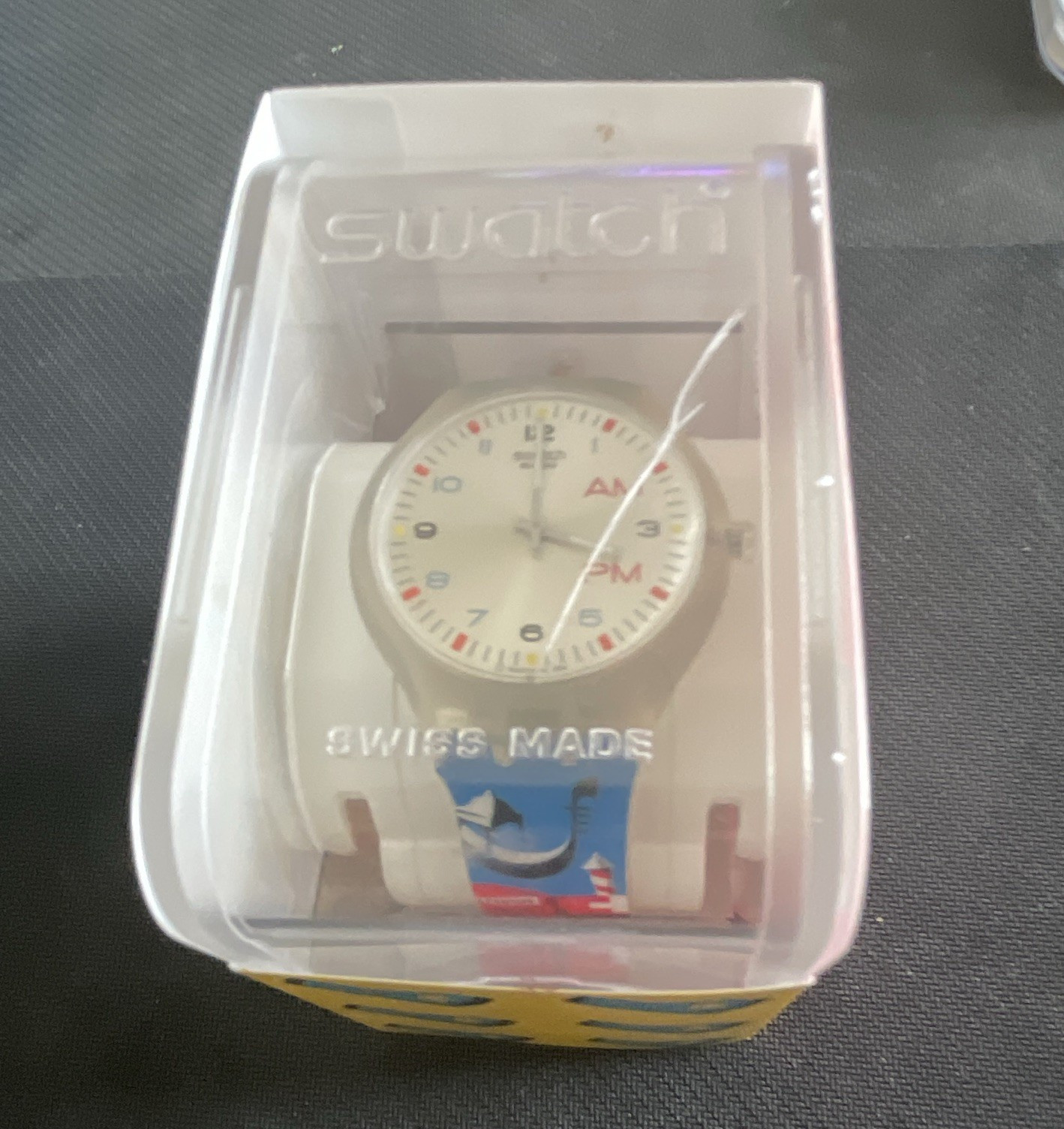 Swatch Swiss Made Quartz Analog White Dial Clear Case Multicolor Strap Box