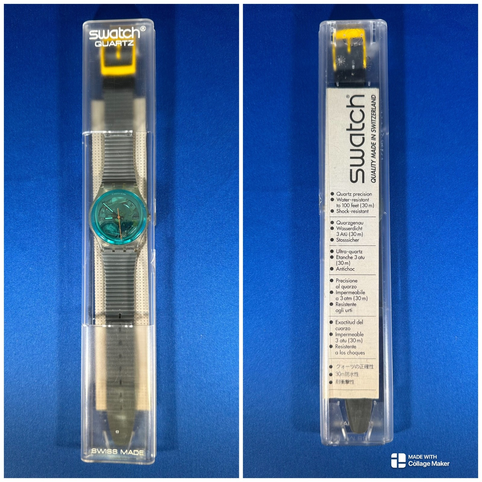 1987 Vintage Swatch Gents Turquoise Bay GK103 35mm Rare Blue Clear Case NearMint