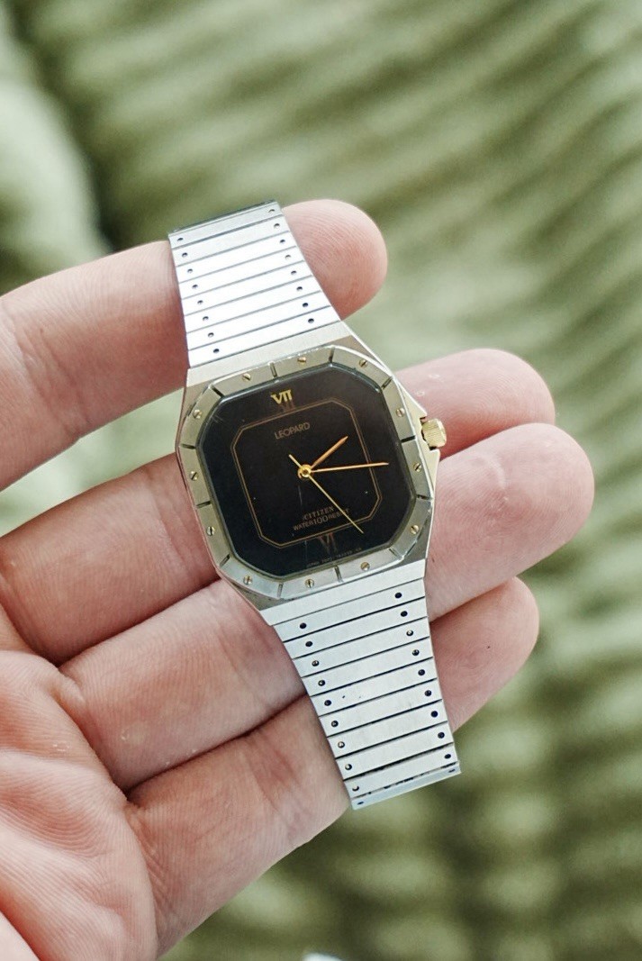 Vintage Citizen Leopard Quartz Black Dial Two Tone Octagonal Case Japan 1980s