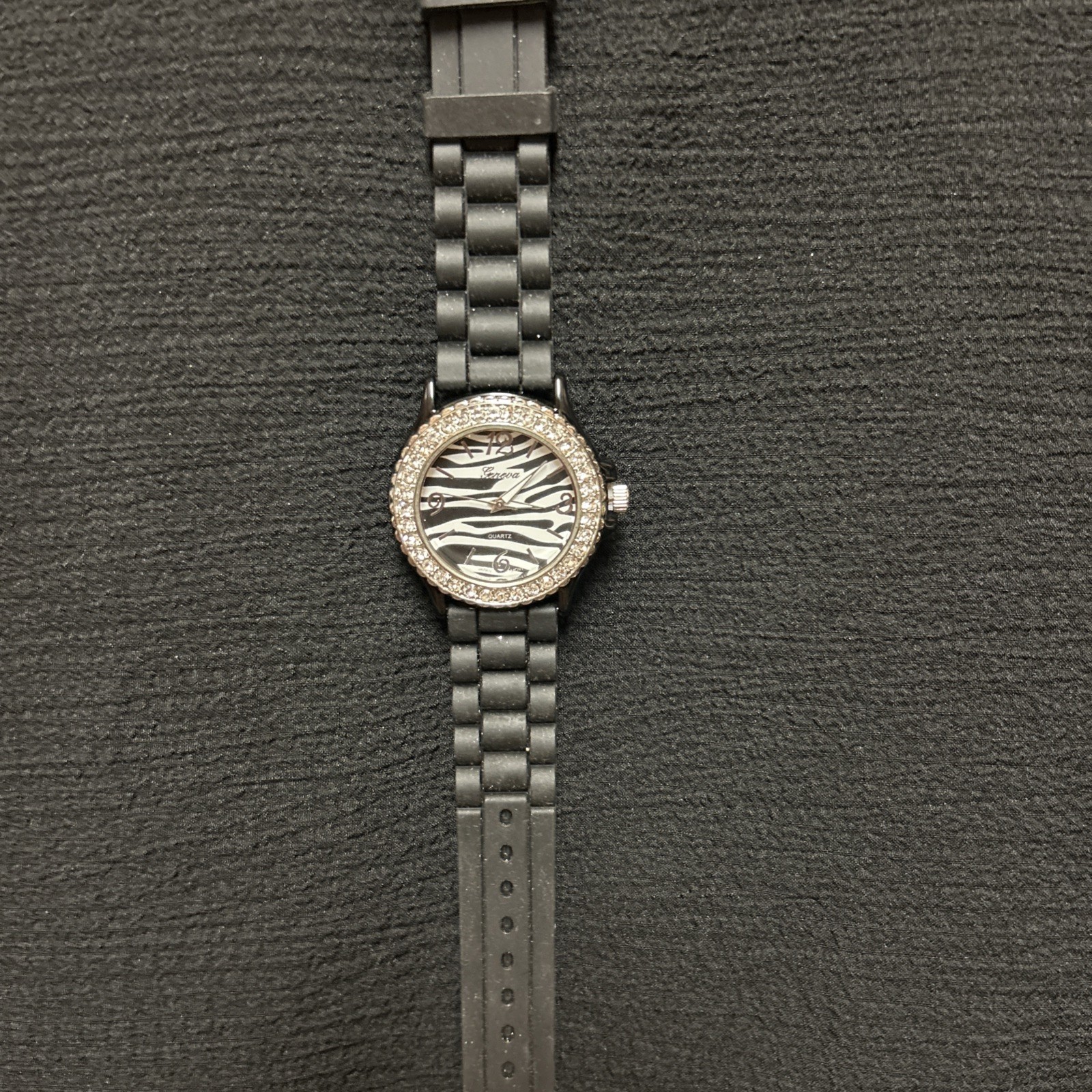 Geneva Platinum Women’s Watch Black Silicone Band Rhinestones Zebra New No Batt
