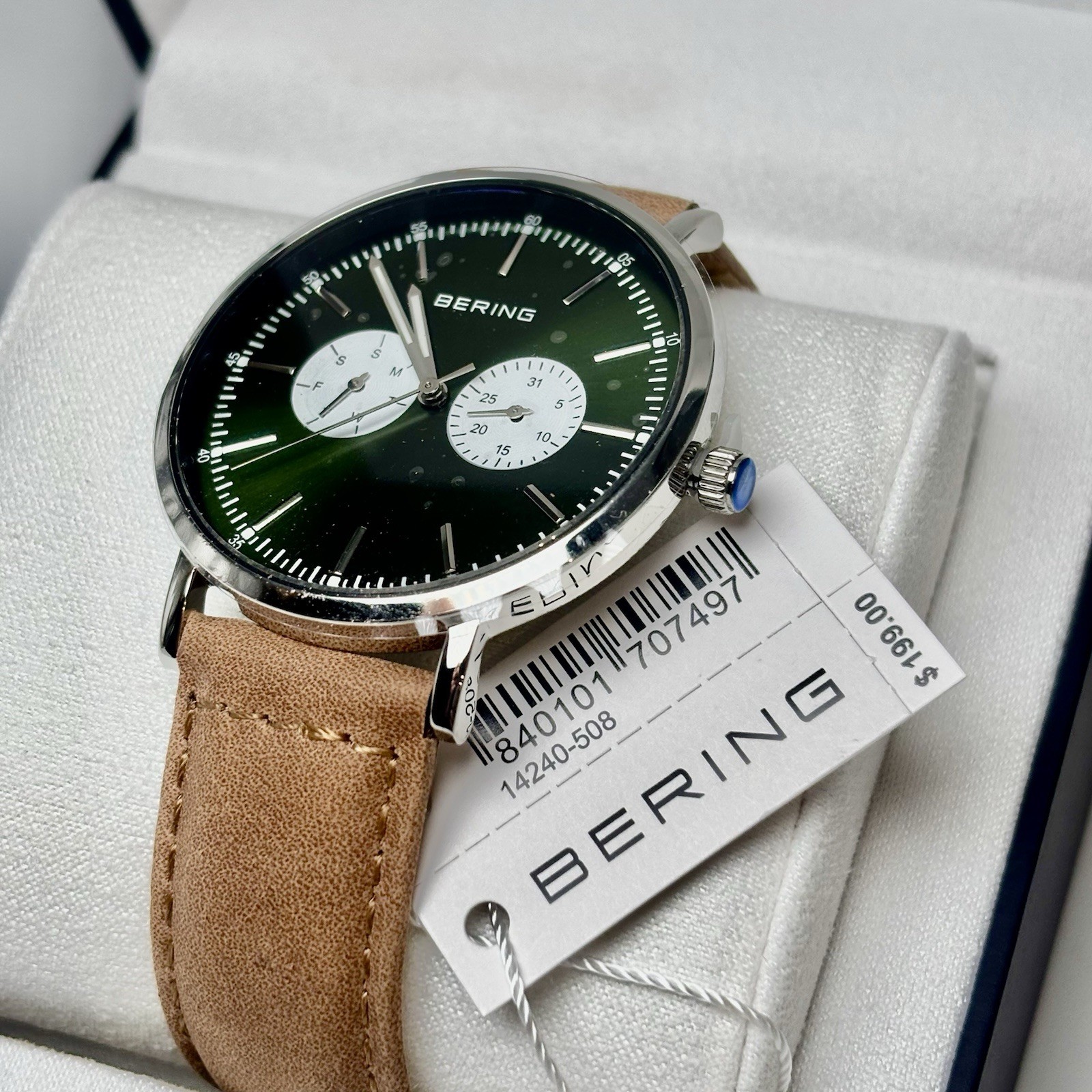 Bering Classic Green Sunray Dial Sapphire Sub Second 40mm Mens Watch 14240-508