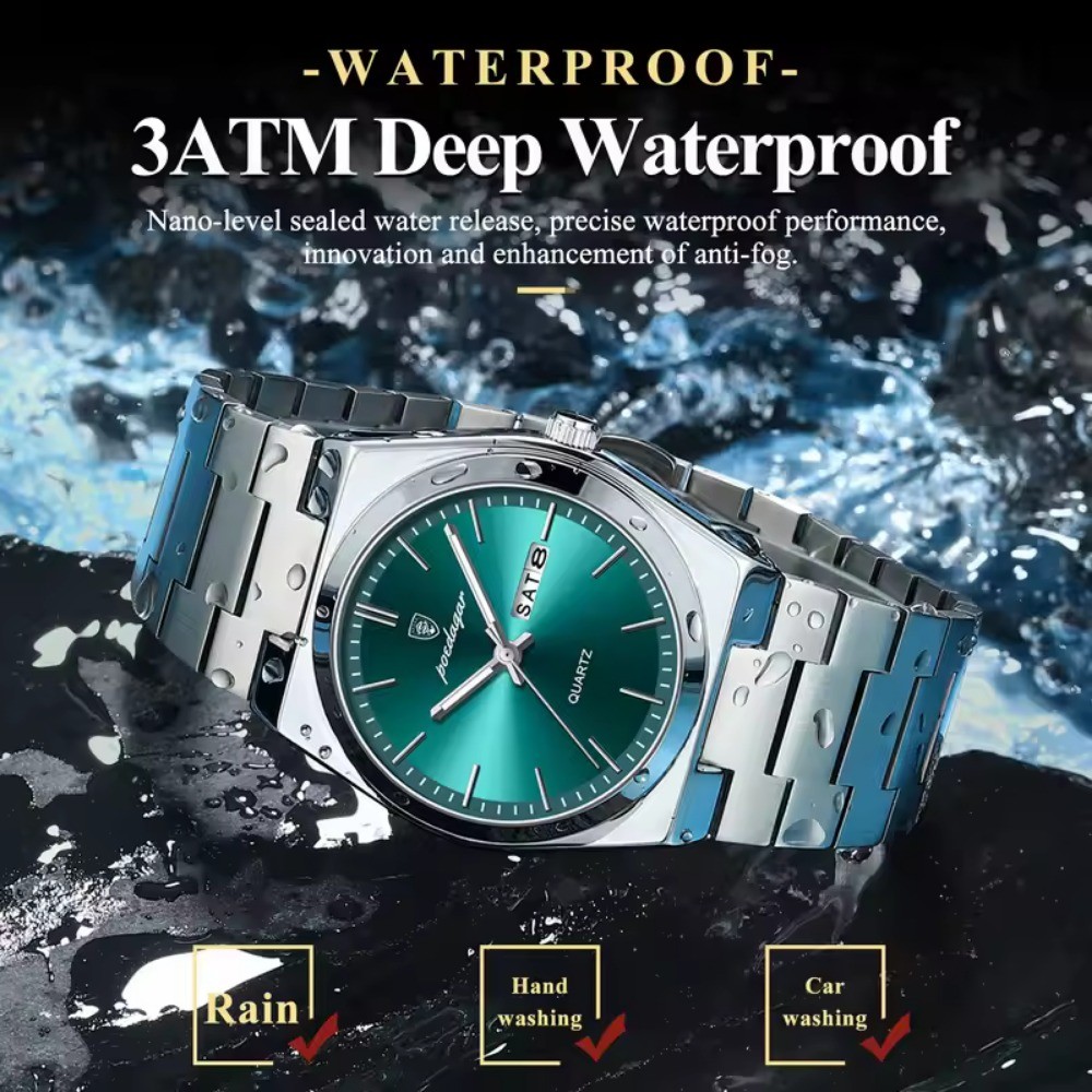 POEDAGAR Men Waterproof Luminous Date Week Stainless Steel Casual Quartz Watch