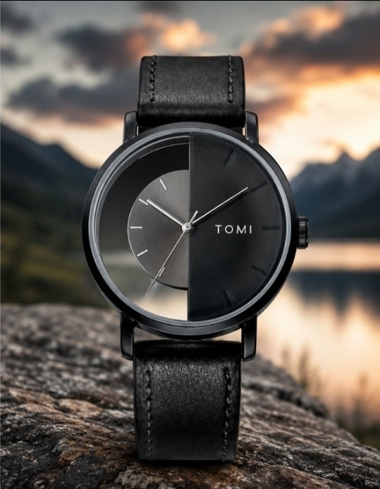 Clear & Black TOMI Minimalist Men’s Quartz Wrist Watch Pebble Texture PU Leather