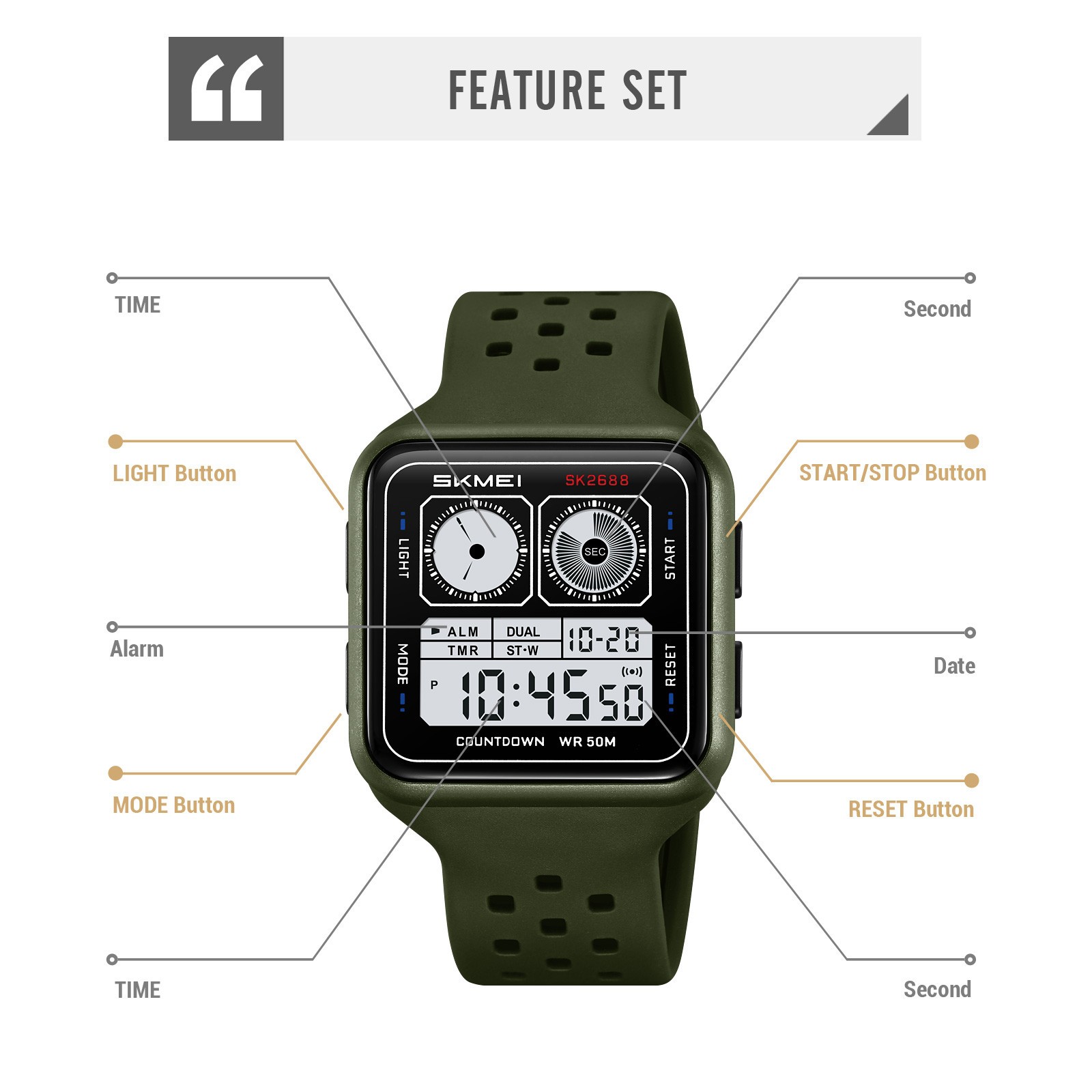 SKMEI Men Digital Watch Countdown Electronic Wristwatch Student Boys Alarm Watch