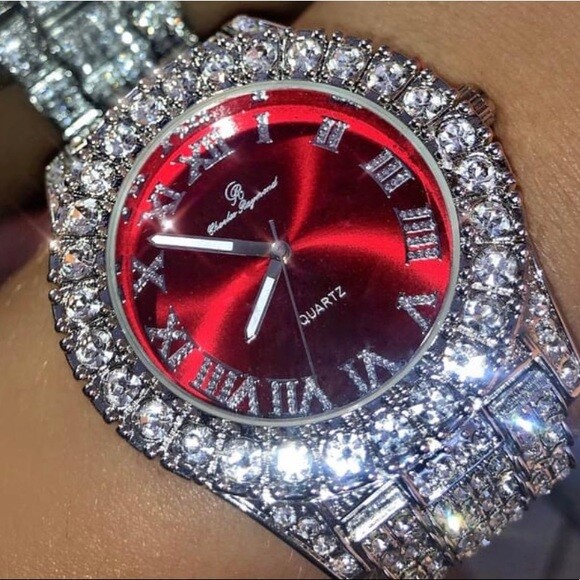 ICED HIP HOP SILVER PT LUXURY RAPPER RED DIAL METAL BAND WRIST URBAN BLING WATCH