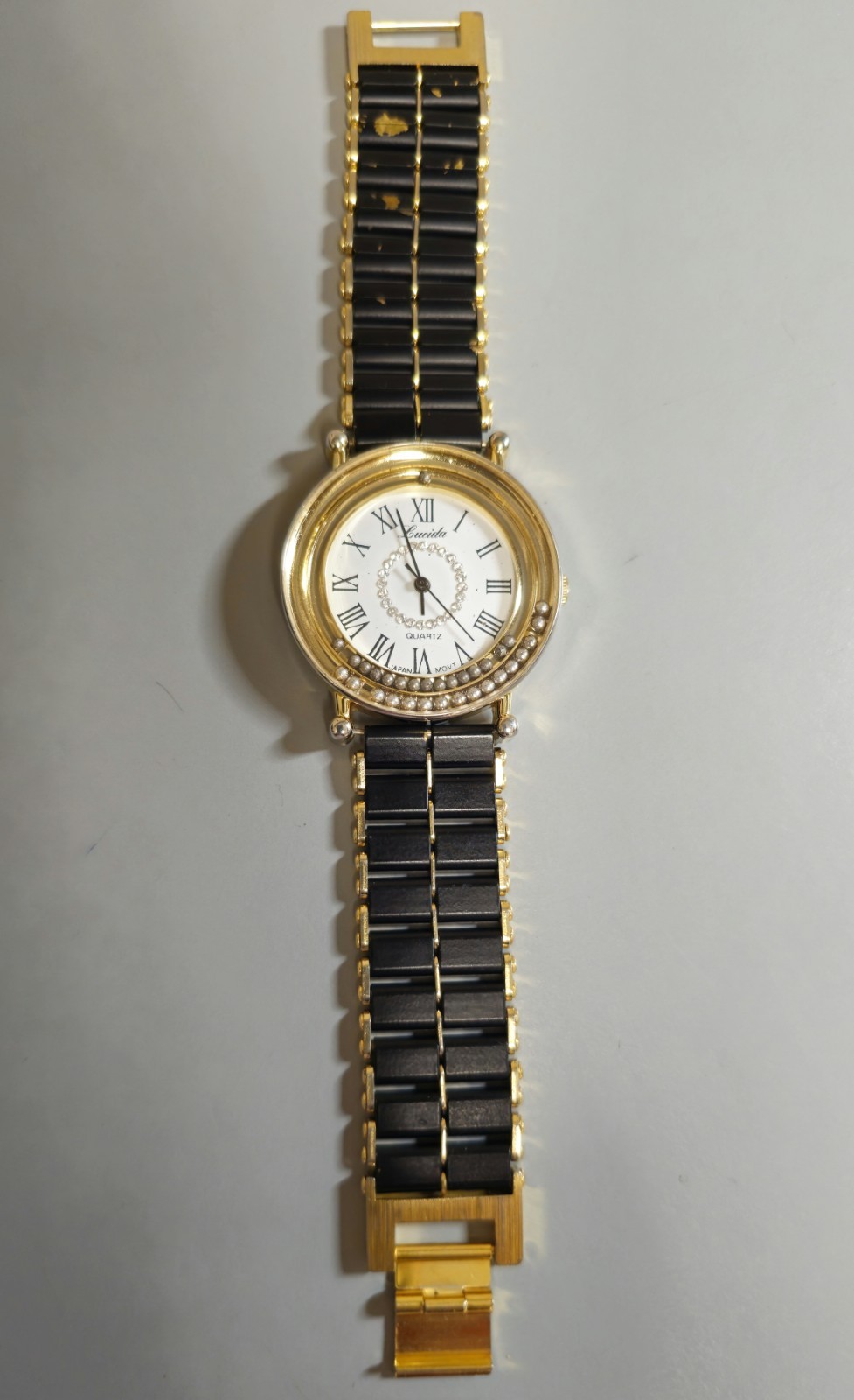 Pre-owned LUCIDA Ladies Watch Gold Tone White Dial Black Band Works Great