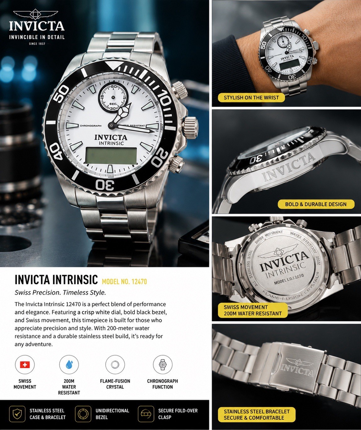 Invicta Intrinsic Men’s Chronograph Analog-Digital Quartz SS Bracelet 200m 49mm