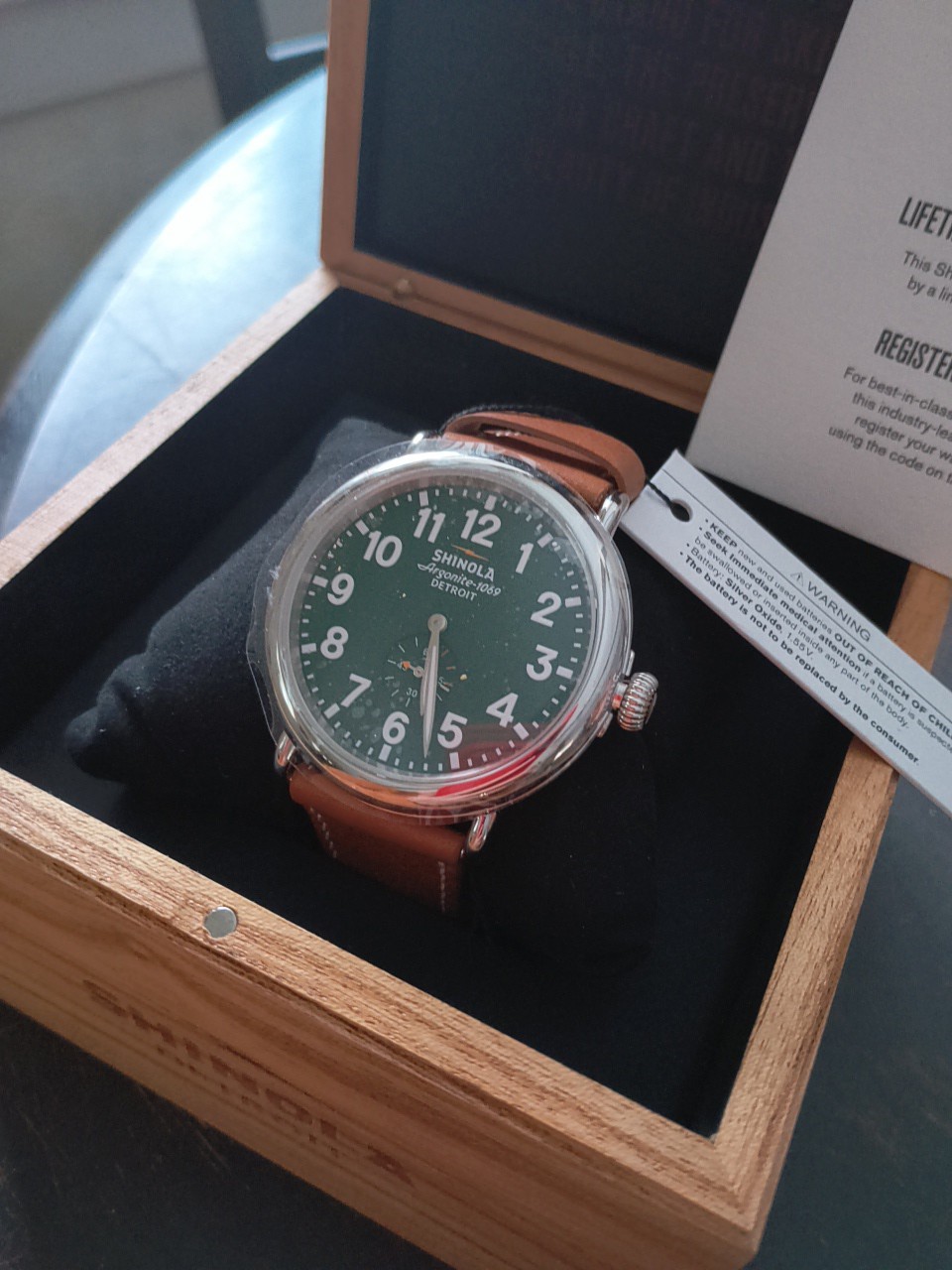 Mens Shinola watch, made in Detroit MI, dark blue gray w/ tan leather band