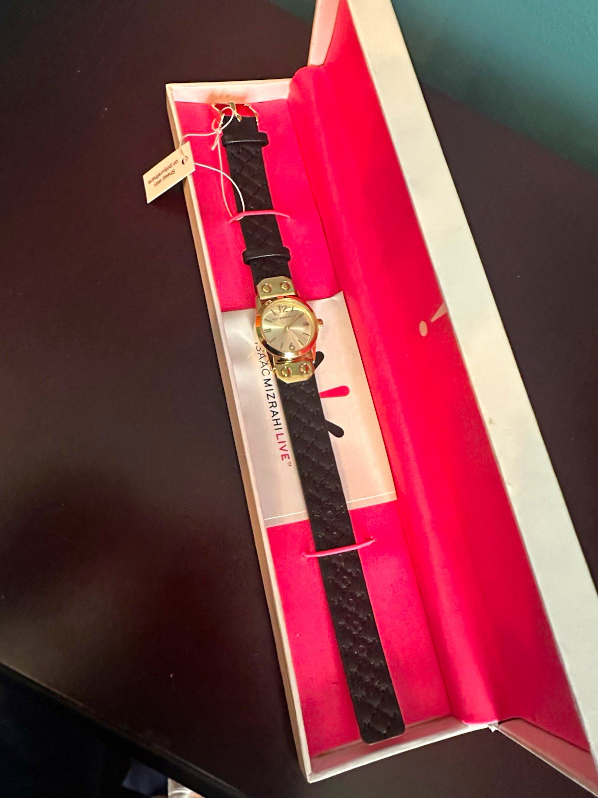 Isaac Mizrahi Live! Women’s Quartz Analog Gold Tone Watch Black Leather Strap