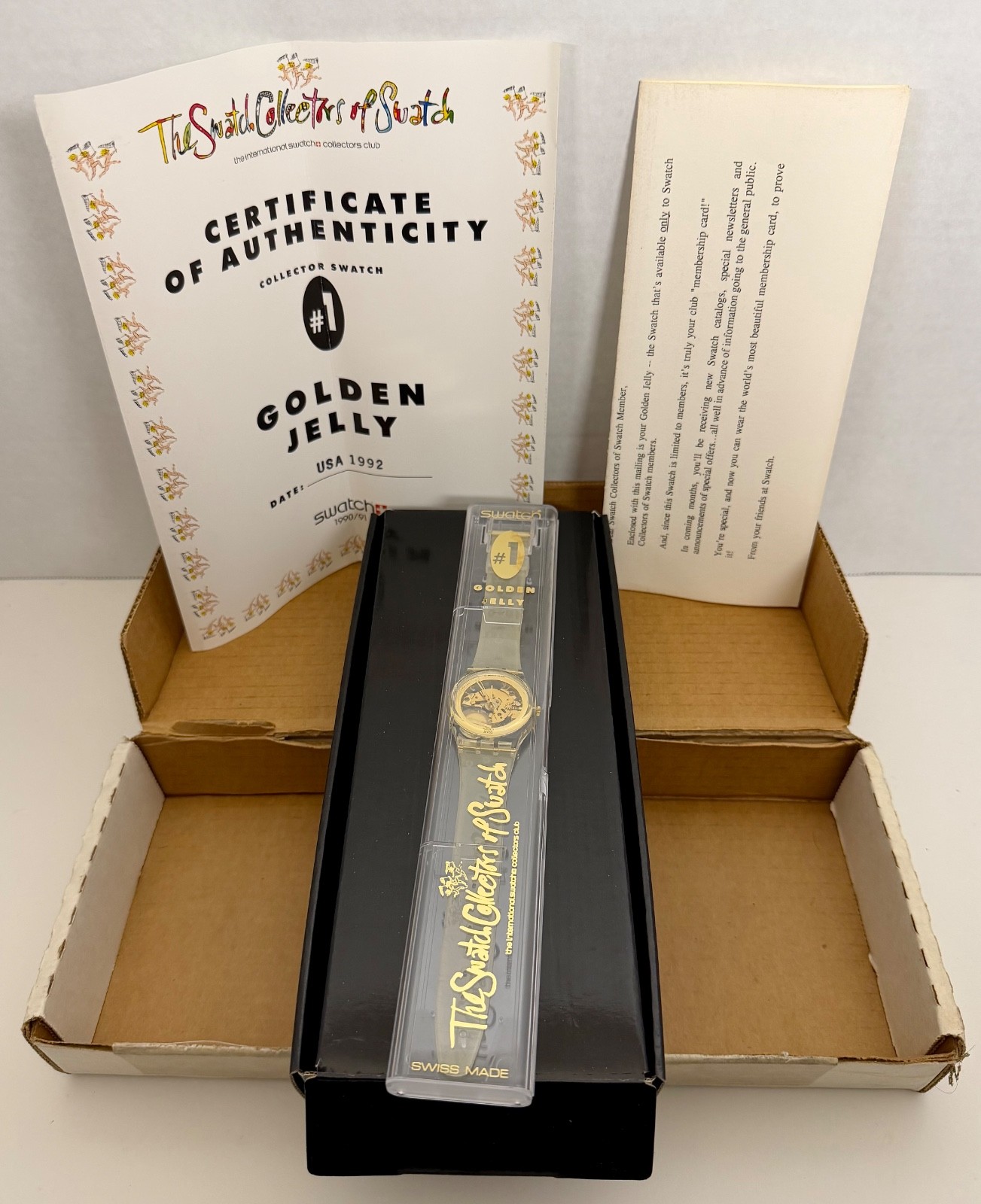 NWT NOS 1992 Swatch #1 “Golden Jelly” GZ115 Box -COA-