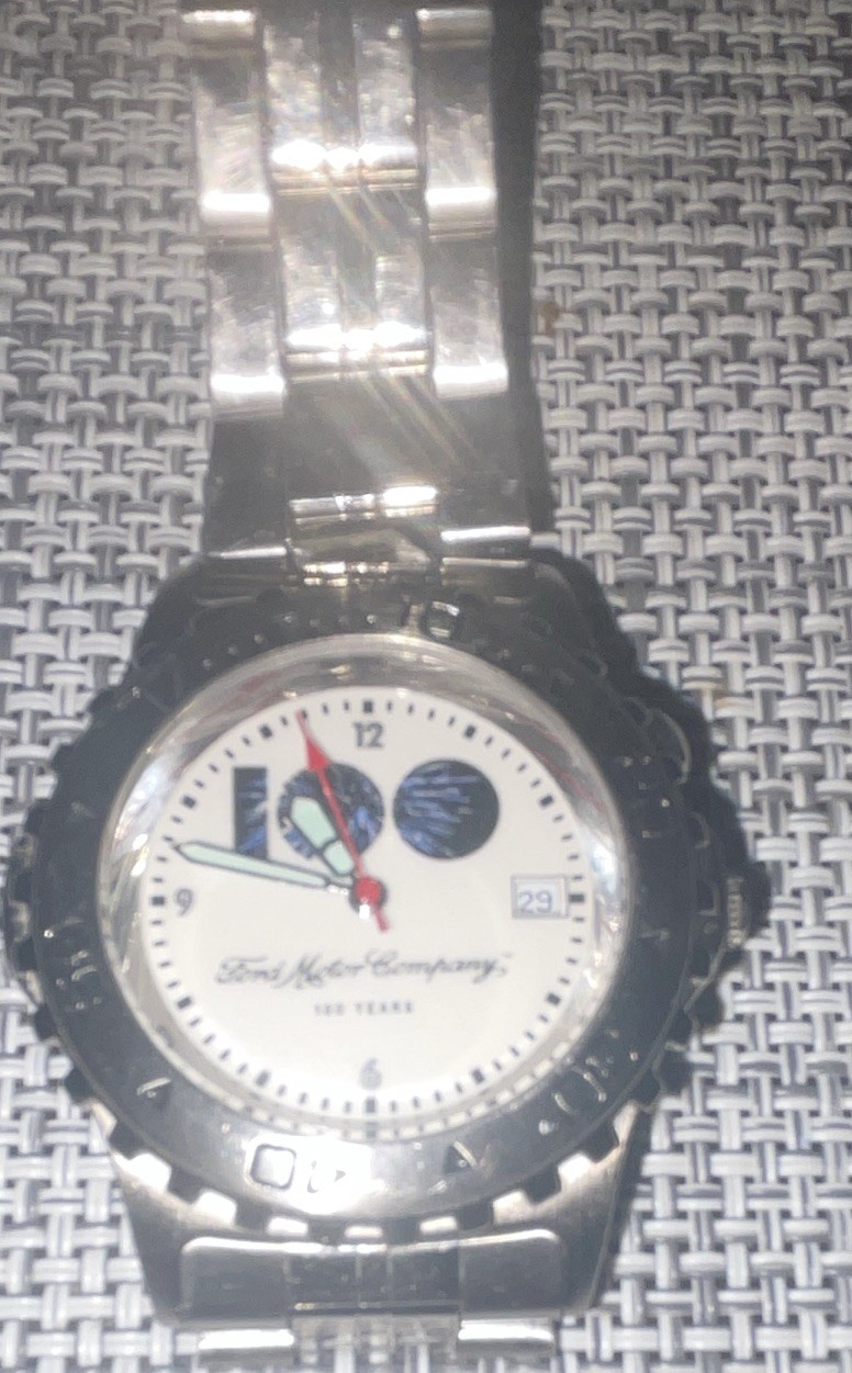 Ford Motor Company Quartz Analog SS Bracelet White Logo Dial Date Watch