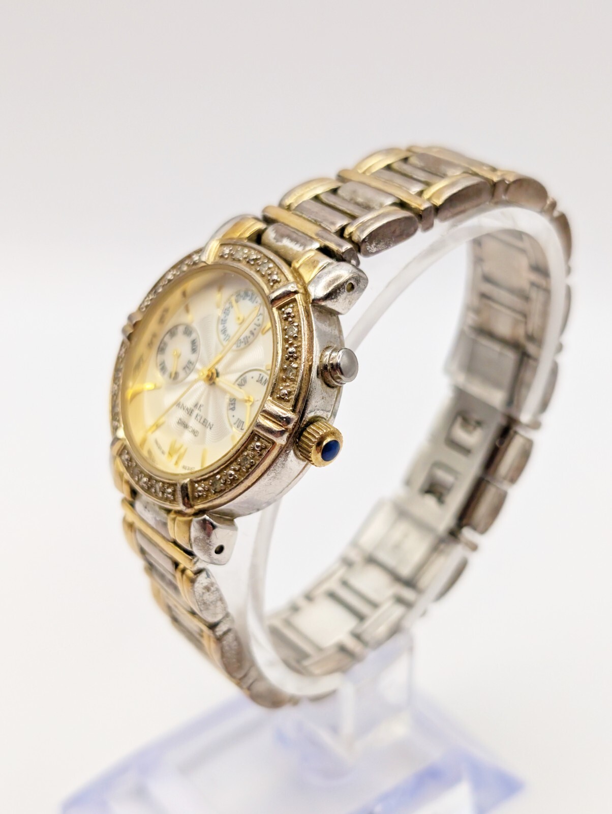 Anne Klein Diamond Two Tone Watch Keeps Time/Date/Day/Month WR 100ft New Battery