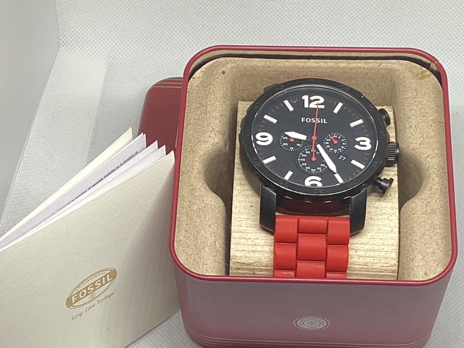 Fossil Nate Chronograph JR1422 Black Dial Red Silicone Men’s Watch 50mm Quartz