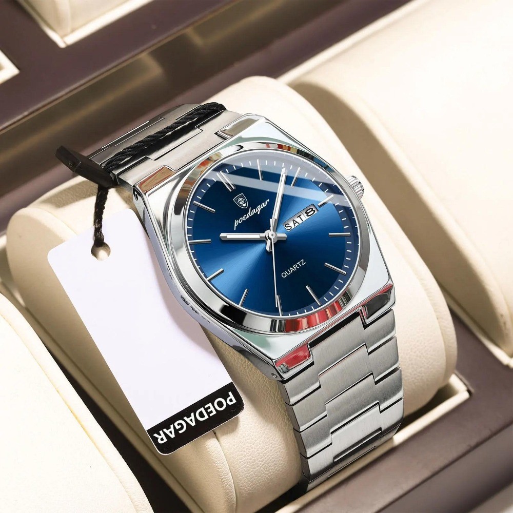 POEDAGAR Men Waterproof Luminous Date Week Stainless Steel Casual Quartz Watch