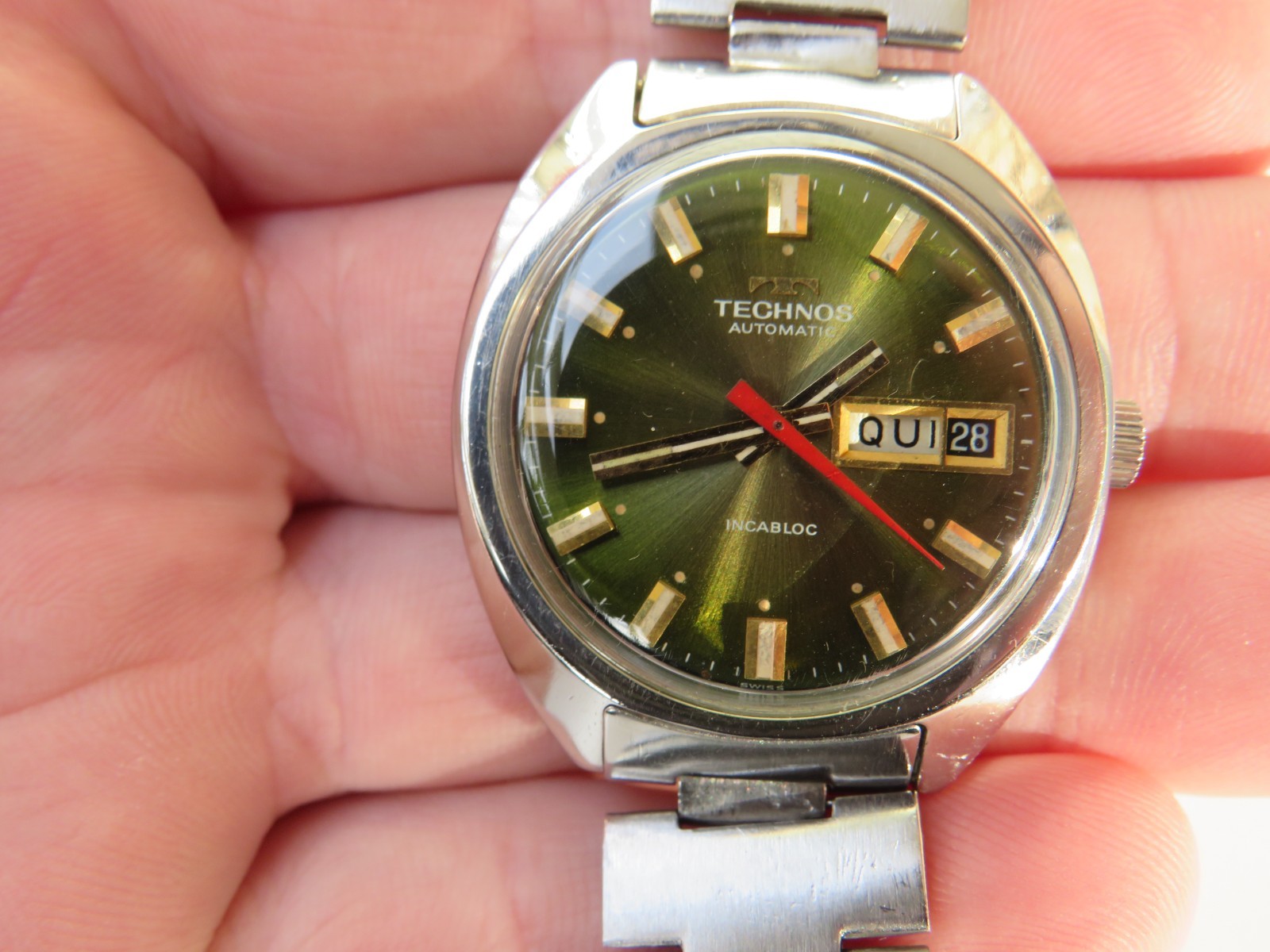 Vintage men’s automatic wristwatch TECHNOS ETA 2789 Green dial works