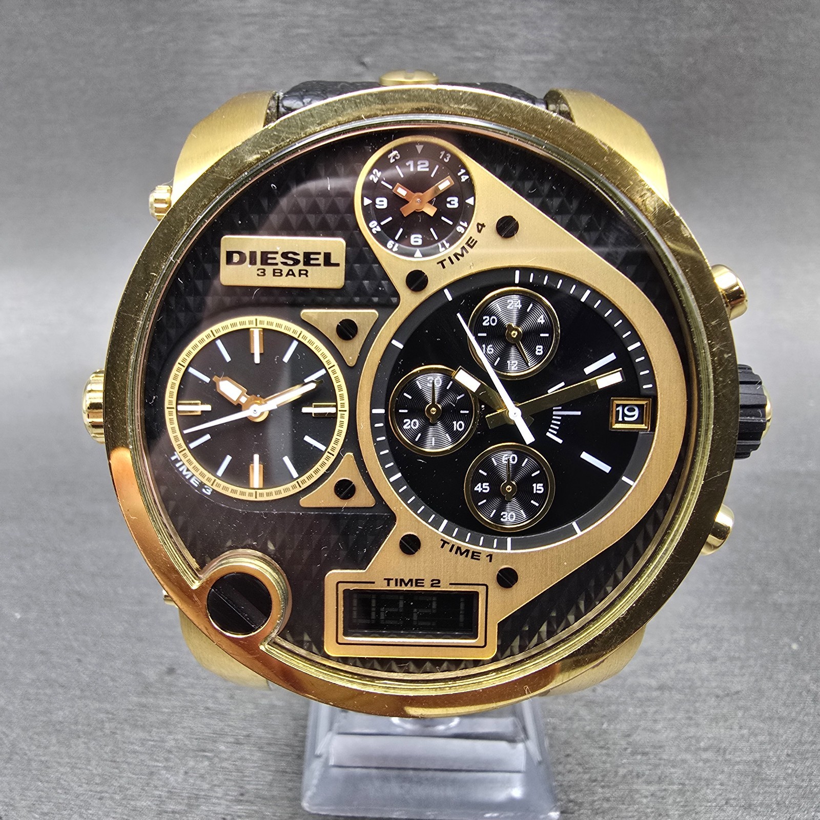 Diesel Mr. Daddy Watch Men 52mm Black Dial Gold Chronograph Digital New Battery