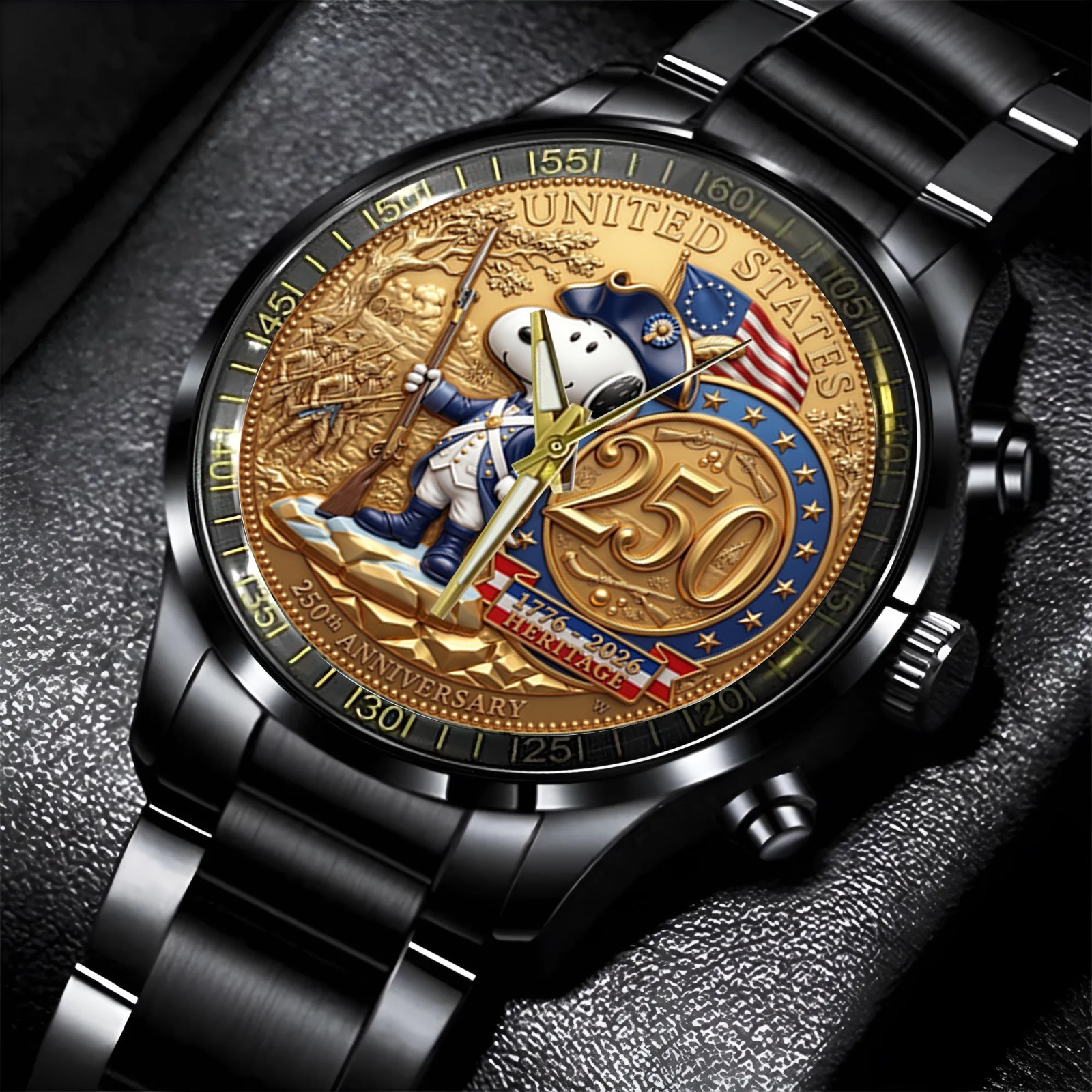 New Snoopy 250th anniversary Gift For Fans Black Stainless Steel Watch MM350