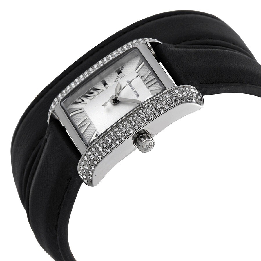 MICHAEL KORS EMERY SILVER,BLACK DOUBLE WRAP LEATHER BAND,CRYSTAL,WATCH-MK2359