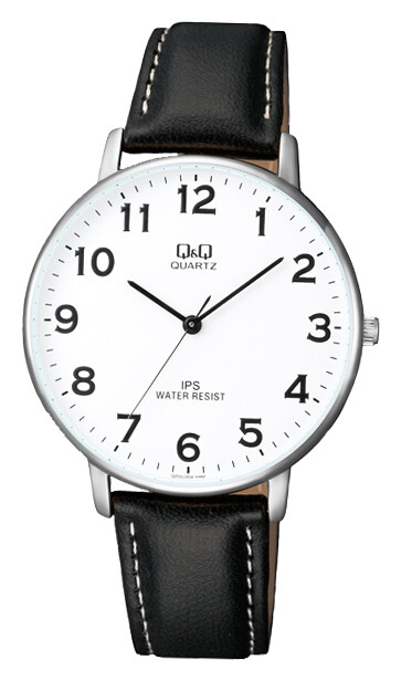 Q&Q $115 MENS CLASSIC SILVER TONE,WHITE DIAL BLACK LEATHER STRAP WATCH WATER RES