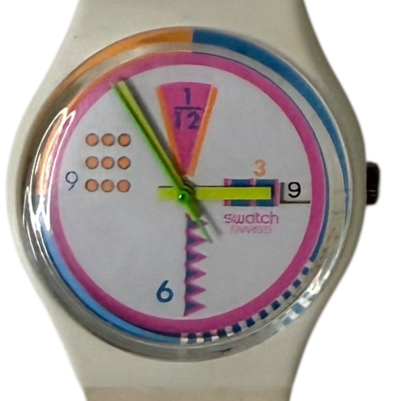 Vintage Swatch Watch Neon Multi Color Dial Cream Silicone Strap Mens 9143P