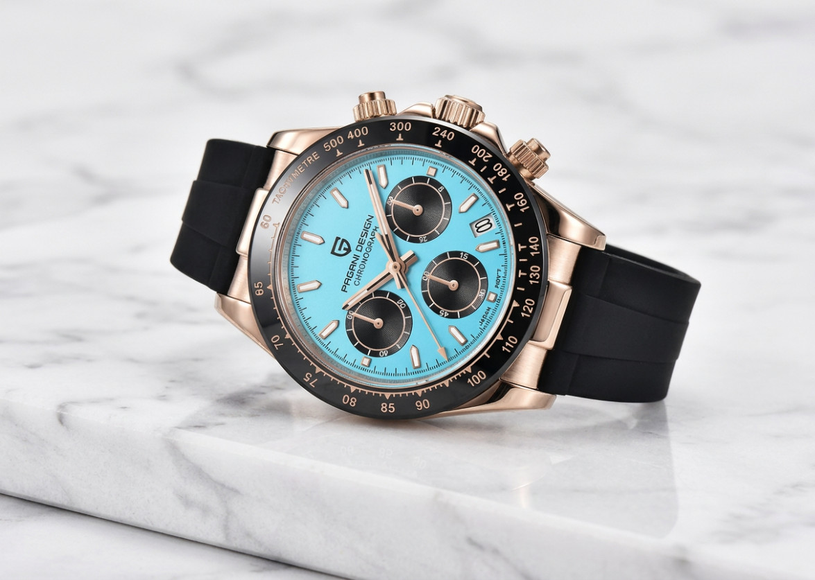 Men’s Quartz Movement 40mm Watch Ceramic Bezel Silicone Strap Tiffany Blue Dial