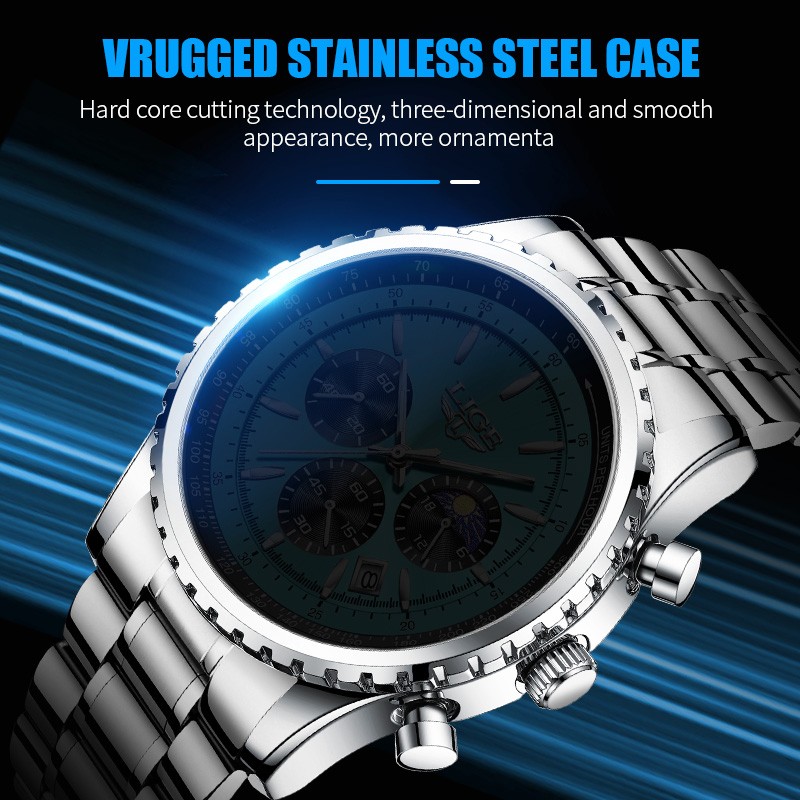 LIGE Men Watch Quartz Date Luminous Chronograph Waterproof Stainless Steel Watch