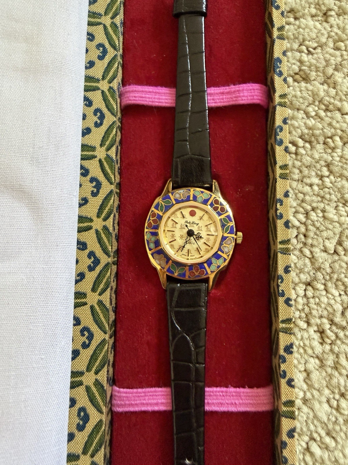 VINTAGE HANDMADE FLORAL CLOISONNÉ ENAMEL PAK LING WATCH: Rare with Case, NWOT