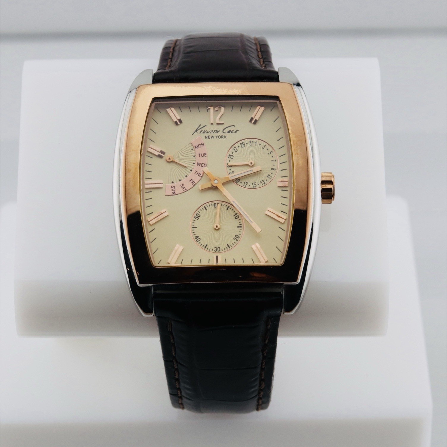 Kenneth Cole Gold Case Beige Dial Black Leather Multi-Dial Men’s Watch (34)