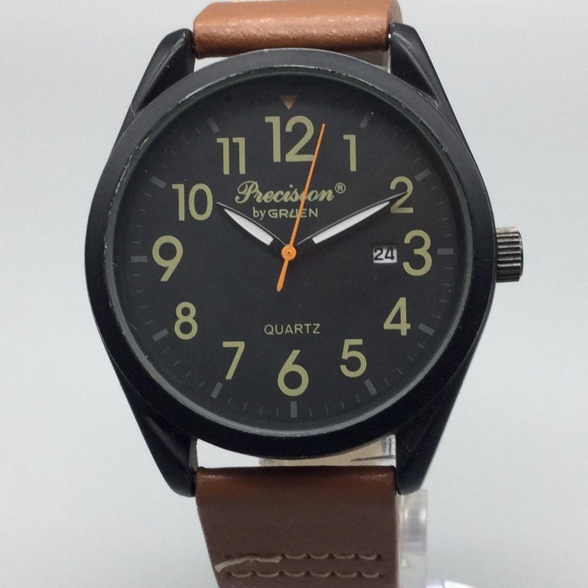 Gruen Precision Mens Watch 41mm Black Dial Brown Band New Battery