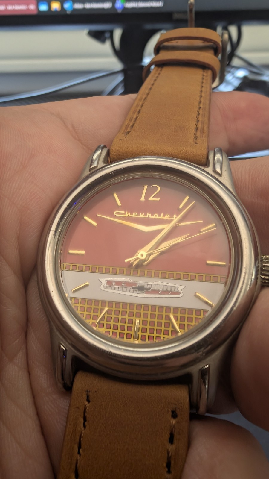 Chevrolet Quartz Watch Red Dial Bowtie Vintage Leather Strap Dealer