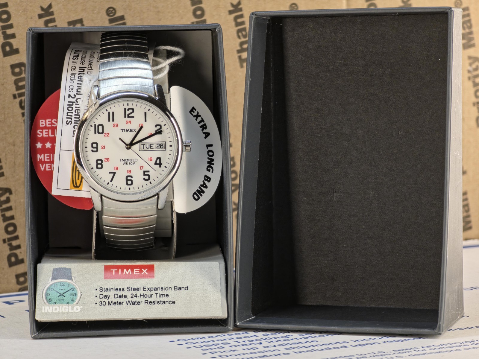 Timex T2N091, Men’s Easy Reader X- Long Expansion Band Watch, Indiglo, Date, NEW