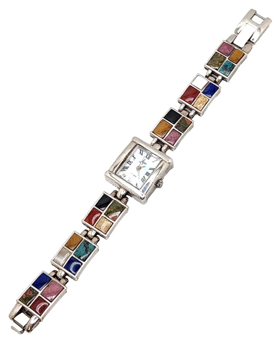 Aria Signed Sterling Silver Multi-Stone Women’s MOP Watch Bracelet Needs Battery