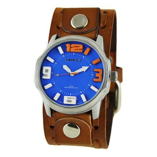 Blue/Orange Embossed 3D Collection II Watch with Brown Wide Weaving Leather Cuff