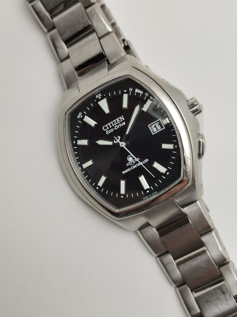 Citizen Attesa Tonneau Solar Radio Watch Titanium Black 19.8cm Used From Japan