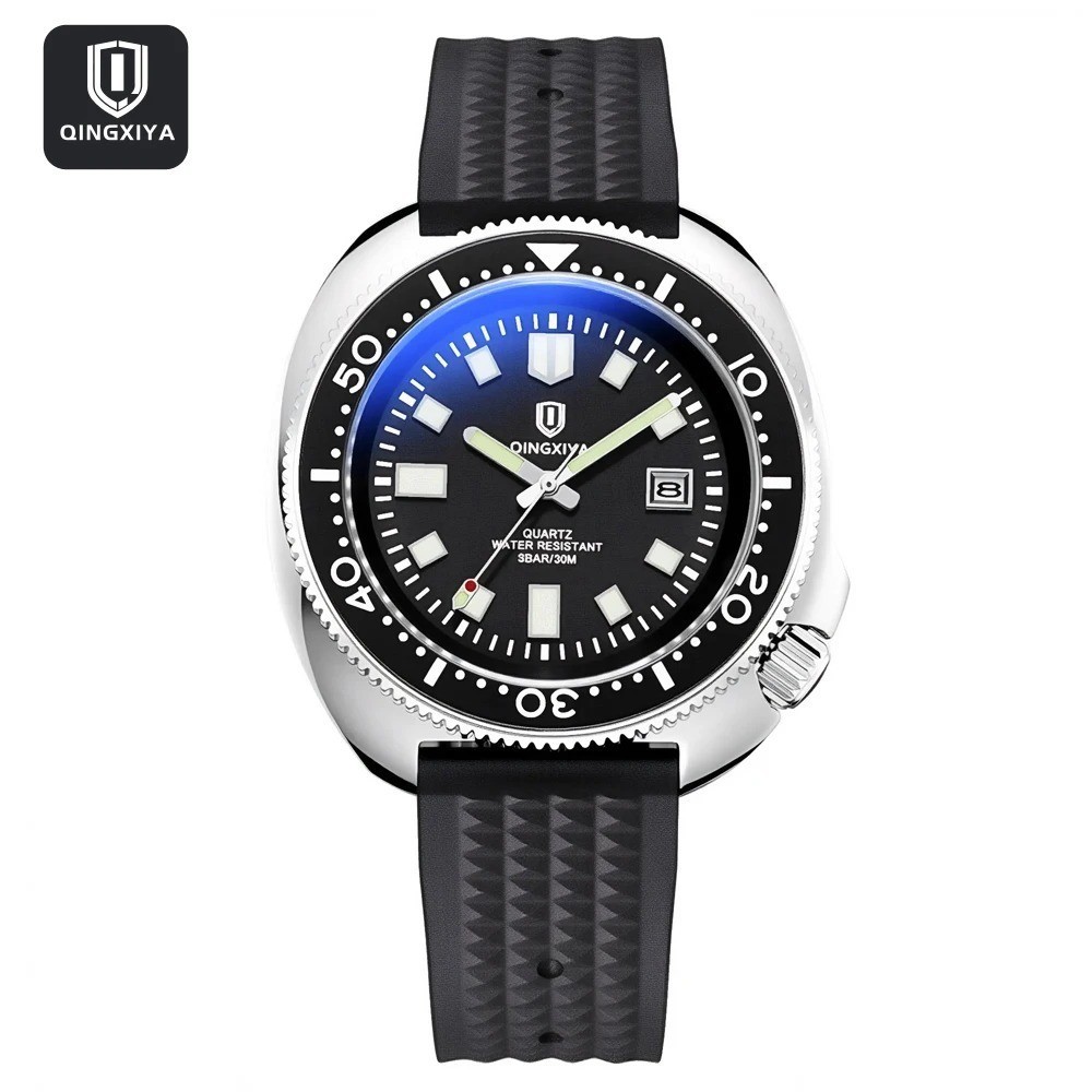 44MM QINGXIYA Tuna Quartz Men’s Watch Silicone 30M Waterproof Date Luminous NEW