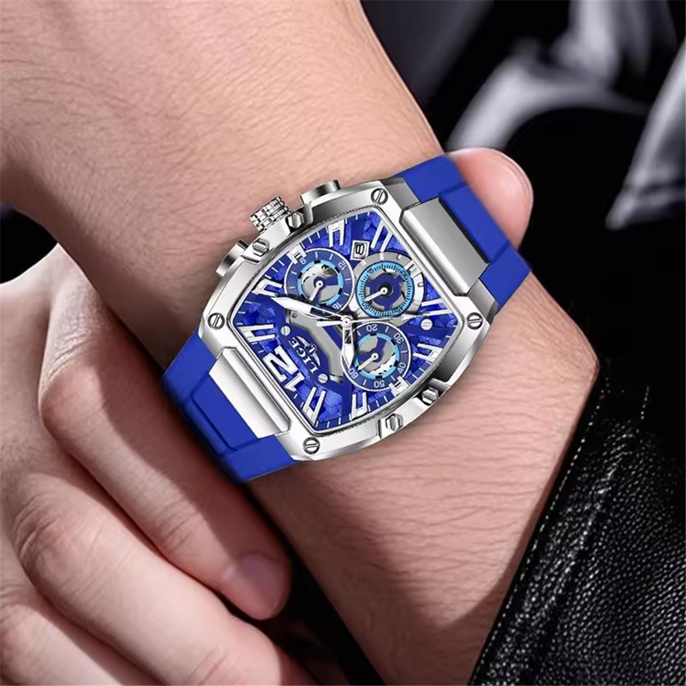 LIGE Men Rectangle Watch Big Dial Chronograph Wristwatch Boy Outdoor Sport Watch
