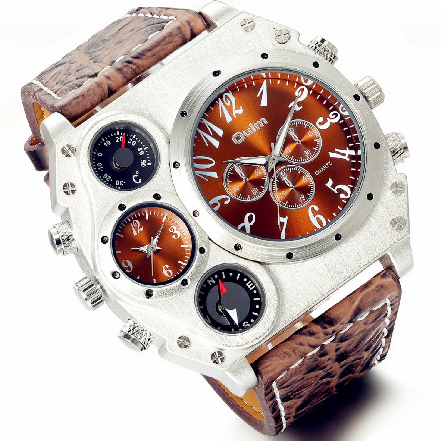 Men’s Dual Time Decorative Compass Thermometer Dial Leather Quartz Wrist Watches