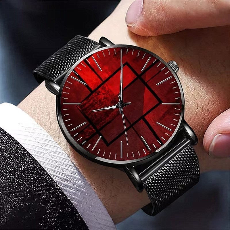 Men’s Red Geometric Dial Quartz Watch Black Mesh Band Minimalist No Battery