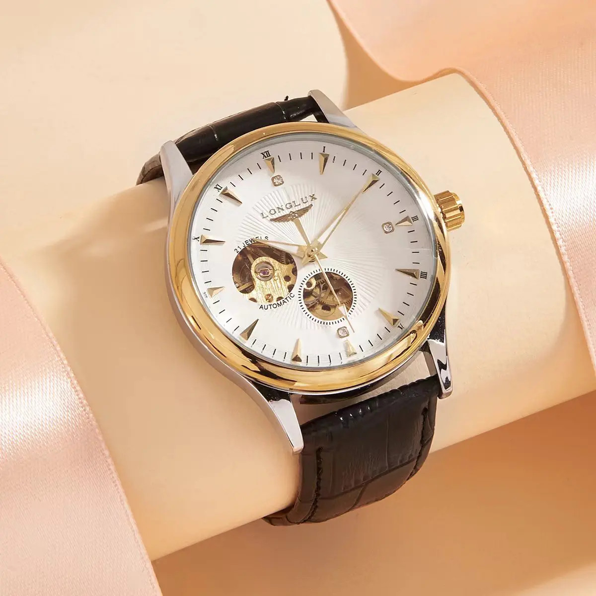 LONGLUX Men’s Automatic Skeleton Watch Roman Numerals Leather Waterproof