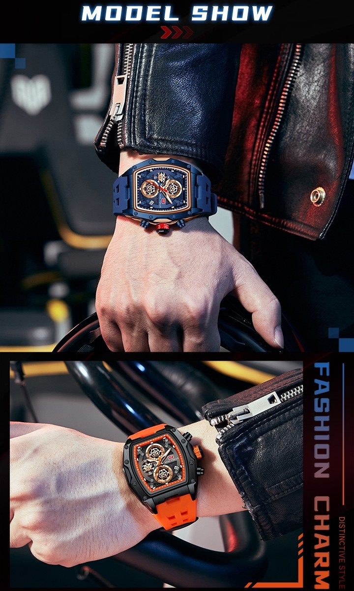 MINI FOCUS Men Tonneau Skeleton Multifunction Chronograph Calendar Quartz Watch