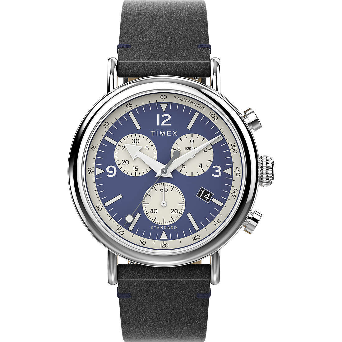 Mens Wristwatch TIMEX STANDARD TW2V71100 Chrono Leather Black Blue INDIGLO