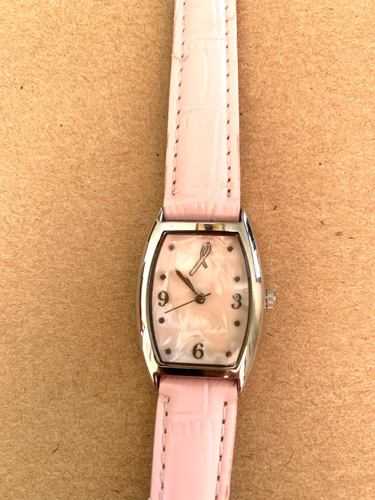 Breast Cancer Awareness Watch Mother of Pearl Face Silver Tone Pink Band
