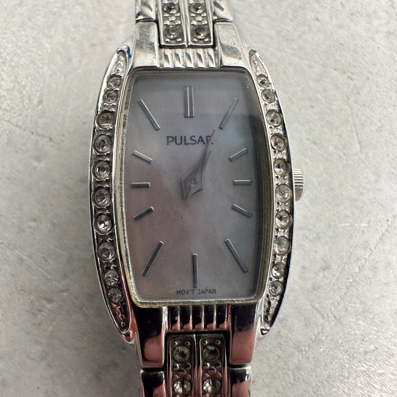 Pulsar Watch Womens 16mm Rectangle Pave Bezel Dial Case Silver Tone New Battery