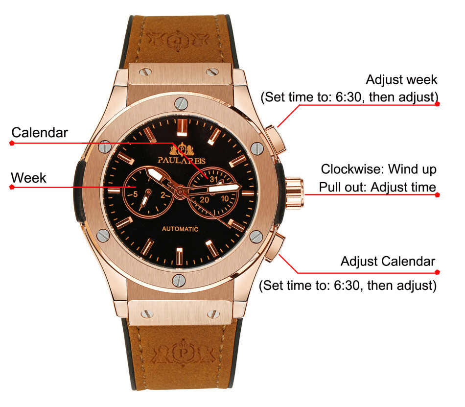 Paulareis Men’s Automatic Mechanical Watch Homage Leather/Rubber Strap Calendar